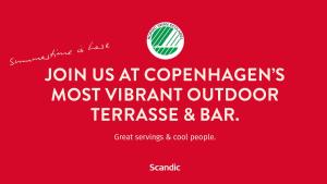 a red sign with the words join us at corporations most vietricular outdoor franchise at Scandic Front in Copenhagen
