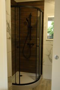 a shower with a glass door in a bathroom at Atlanta in Mrzeżyno +20 photos