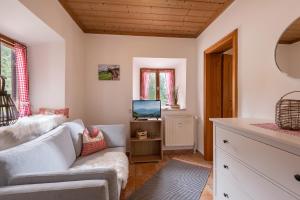 a living room with a couch and a tv at Ferienwohnungen „Zum Bauern“ in Oberaudorf