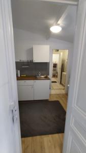a kitchen with white cabinets and a black rug at Studio sur jardin in Villejuif