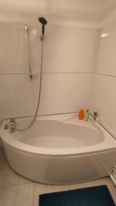 a bath tub with a shower with a shower head at Studio sur jardin in Villejuif +4 photos