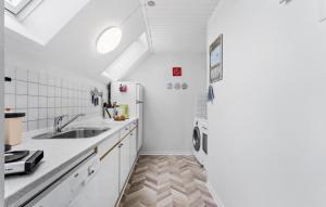 巴恩科普Three-Bedroom Holiday Home Bagenkop With Sea View 04的白色的厨房配有水槽和冰箱