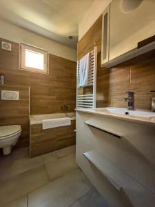 a bathroom with a sink and a toilet at Harmónia Vendégház Bükkszék in Bükkszék