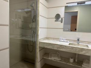 ein Badezimmer mit Dusche, Waschbecken und Spiegel in der Unterkunft Hotel Monesterio in Monesterio