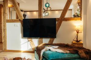 Una habitación con un televisor de pantalla plana en una pared de madera. en Harzlodge Lebenstraum, en Braunlage