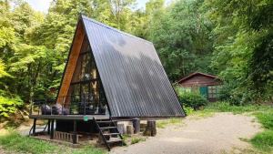 a small house with a metal roof in the woods at Woodnest in Čortanovci