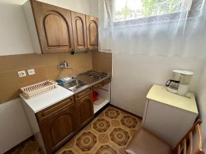 a small kitchen with a sink and a window at Rooms and Apartments Roza in Portorož +30 photos