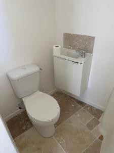 a bathroom with a white toilet and a sink at L'échappée belle in Le Pouget +4 photos