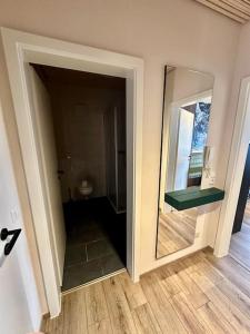 Habitación con baño con espejo y aseo. en FeWo Holzäpfel Dunningen, en Dunningen