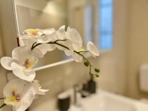 a close up of a white flower on a bathroom sink at Happy Family Apartments Incantesimo in Genova +18 photos