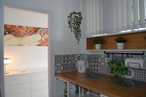 una cocina con encimera con plantas. en Apartment Silesia Park - Free Parking - easy check-in, en Katowice