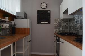 Una cocina con refrigerador y un reloj en la pared. en Apartment Silesia Park - Free Parking - easy check-in, en Katowice 13 fotos más