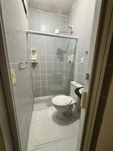a small bathroom with a toilet and a shower at Pousada Vida Mansa in Porto De Galinhas