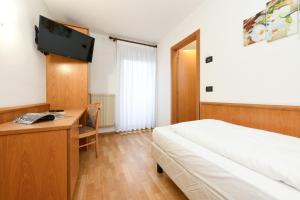 sypialnia z łóżkiem i biurkiem z telewizorem w obiekcie Hotel Denny w mieście Pinzolo