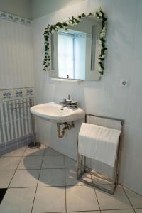 ein Badezimmer mit Waschbecken und Spiegel in der Unterkunft Hotel und Restaurant Halbinsel in Blieskastel