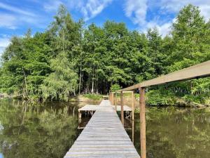 a wooden bridge over a body of water at Houseboat U Vodníka in Krásná Hora