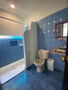 a blue tiled bathroom with a toilet and a shower at Hotel Castillo Del Mar - 5 Th Ave in Playa del Carmen +49 photos