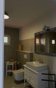 a bathroom with a sink and a toilet and a mirror at La Familia in Blato +13 photos