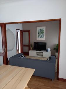 a living room with a blue couch and a tv at Buddies Charm Apt - Self Catering in Aveiro