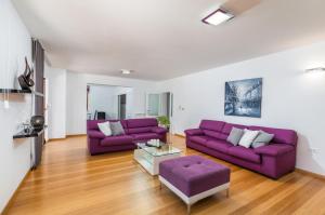 a living room with purple couches and a table at Villa Anastasia in Sveti Petar u Šumi