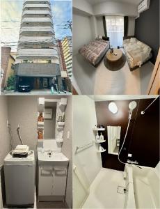 a collage of four pictures of a bathroom with a building at CAlMU ASAKUSA HOTEL ASAKUSA UENO IMADOZINZYA TOKYOSKYTREE HANEDA NARITA GINZA TOKYOSTATION Direct 浅草上野東京スカイツリー 成田空港羽田空港東京駅直行バス 電車便利 in Tokyo
