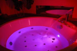 La Ferrière-DuvalにあるLoveroom atypique en duplex avec balnéo ronde et secret'roomの赤い部屋にあるピンクの浴槽