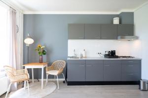 a kitchen with gray cabinets and a table and chairs at Thuis in Sauwerd in Sauwerd
