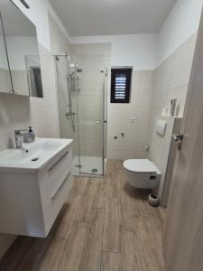 瓦比尼科Apartman Uptown的带水槽、马桶和淋浴的浴室