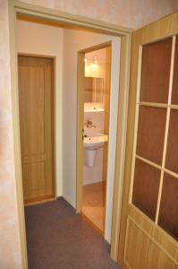een badkamer met een wastafel, een toilet en een deur bij Pension Nostalgie in Beroun