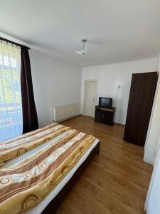 a bedroom with a large bed and a television at Casa Jeremiás in Sovata +6 photos