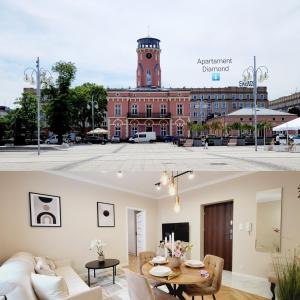 two views of a building with a clock tower at Apartament Diamond in Częstochowa