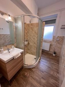 a bathroom with a shower and a sink at Pacsirta Apartmanház in Eger +22 photos