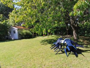 a couple of blue chairs sitting in a yard at Rosa Canina W2 in Kellenhusen