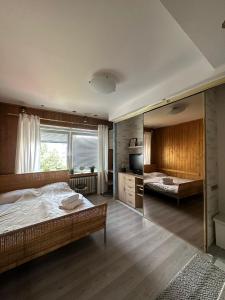 ブラチスラヴァにあるSimply Cityの大きなベッドと鏡のある寝室