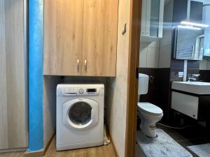 a bathroom with a washing machine and a toilet at Miva Apartments in Mangalia