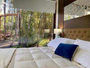 een slaapkamer met een groot bed met een blauw kussen erop bij Refugio Los Coigües in Puerto Varas +73 foto's