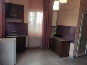 a kitchen with purple walls and a sink and a refrigerator at Wine Garden Apartment in Tbilisi City