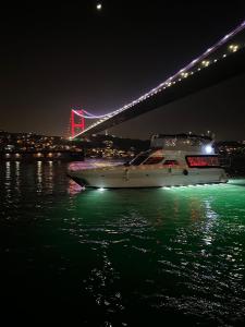 ein Boot im Wasser unter einer Brücke in der Nacht in der Unterkunft Osman in Istanbul