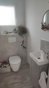 a bathroom with a toilet and a sink and a window at Studio mer in La Plaine-sur-Mer