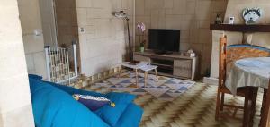 a living room with a blue couch and a tv at La Maison du Druide in Bonneuil-en-Valois