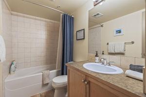 a bathroom with a sink and a tub and a toilet at C303 Hidden Gem with MTN andCreek View, Quiet and Private in Canmore