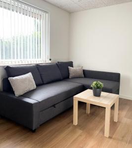 a blue couch in a living room with a table at Lovely Billund Apartment by KIRIJA in Billund