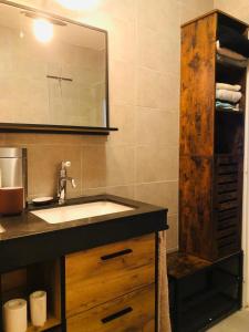 a bathroom with a sink and a mirror at Appartement très haut avec Piscine, sauna, salle de sport et solarium in Paris