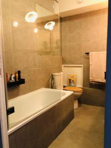 a bathroom with a bath tub and a toilet at Appartement très haut avec Piscine, sauna, salle de sport et solarium in Paris