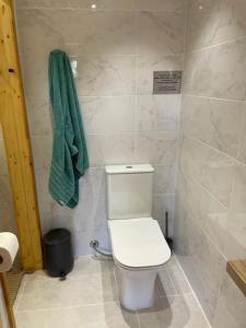 a bathroom with a toilet and a green towel at The Retreat - Oak Lodge in Corfu +26 photos