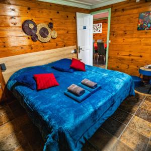 a bedroom with a bed with blue sheets and red pillows at La Campierelle in Salazie