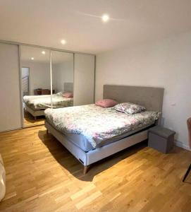 a bedroom with two beds and a mirror at Nice area 5 minutes from Paris in Suresnes +3 photos
