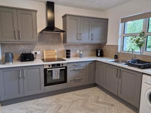 a kitchen with gray cabinets and a stove top oven at Cosy at the castle in Carrickfergus