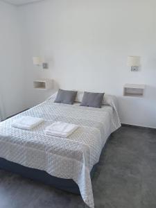 a white bedroom with a bed with two pillows at Cabaña Avi in San Rafael +9 photos