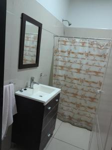 a bathroom with a sink and a shower curtain at La tranquera in La Paz +13 photos